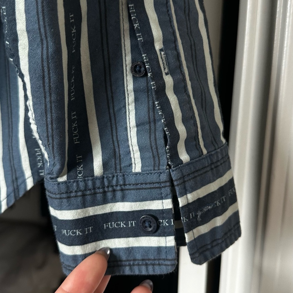 HUF Men's Navy and White Striped Button Down Shirt Funny Message Size- Mens L - Picture 4 of 10